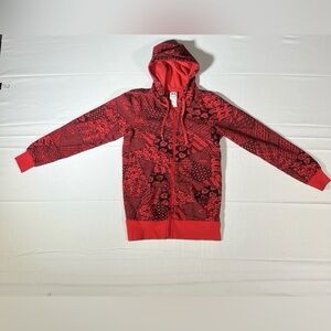 Vintage Stussy Girls Red & Black Patterned Zip Hoodie Size Small